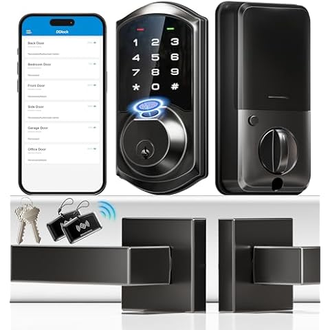 Veise Fingerprint Smart Locks for Front Door with 2 Lever Handle Set, App Control, Keyless Entry, Electronic Digital Keypad Deadbolt, Auto Lock, Waterproof, Easy to Install, Matte Black Cover