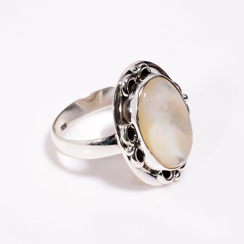 Women's Ring Sterling Silver Oval Cabochon Mother Of Pearl Engagement Ring Solitiare Vintage Handmade Dainty Ring Anniversary Wedding Promise Ring Boho Everyday Wear H-SR53-P image 5