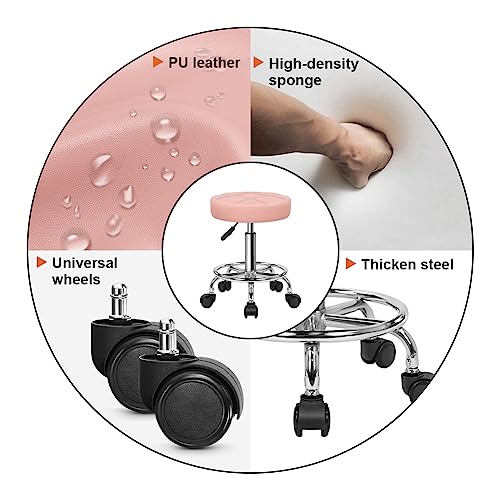 KKTONER 丸回転スツール キャスター付き 昇降椅子 PUレザー 高さ調節可能 製図作業椅子 カウンターチェア オフィスチェア S サイズ (ピンク) [5]