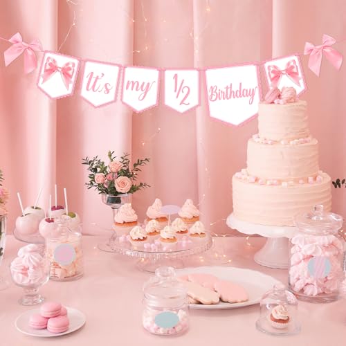 Image of Half Birthday Decoration It's My 1 /2 Birthday Banner with Pink Ribbon Bow Six Months Girl Party Decoration for Girls Kids Little Princess Baby Shower Party Supplies Sweet Photo Props
