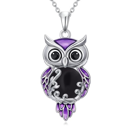POTOPYY Black Onyx Owl Necklace for Women 925 Sterling Silver Filigree Owl Jewelry Pendant Christmas
