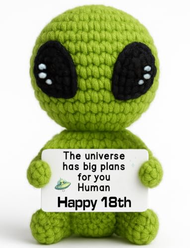 Funny 18th Birthday Gifts for Boys Girls Handmade Crochet Alien with Bday Card Unique 18th Birthday Decorations Gift for Son Daughter Sister Friend