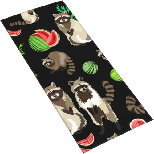 フェイスタオル アライグマとスイカ マイクロファイバー タオル 柔らか 肌に優しい 肌触りが良い ふわふわ 髪に優しい 通気 かわいい 抗菌防臭加工 瞬間吸水 速乾 耐久性 薄手 毛羽落ち少ない 業務用タオル