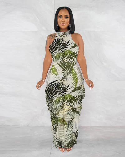 Image of 2 Piece Outfits for Women Sexy Halter Neck Sleeveless Crop Tops Ruched Bodycon Dresses Jumpsuits Fringe Skirt Sets