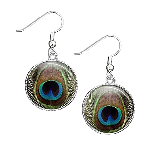 Preisvergleich Produktbild Pfauenfeder-Ohrringe, Foto-Ohrringe, Foto-Schmuck, Pfauen-Ohrringe, Glastropfen-Ohrringe, Vogelfeder, blau-grün