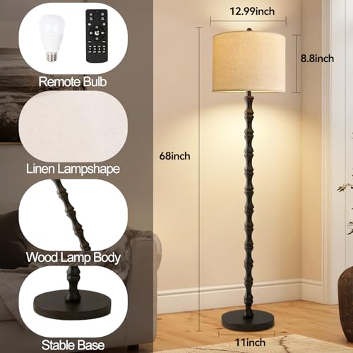 Image of Wood Floor Lamps for Living Room Rattan Floor Lamp with Remote Control& 3 Color Temperature,Dimmable Rustic Floor Lamp Black Mid Century Modern Standing Lamp Tall Farmhouse Floor Lamp For Bedroom