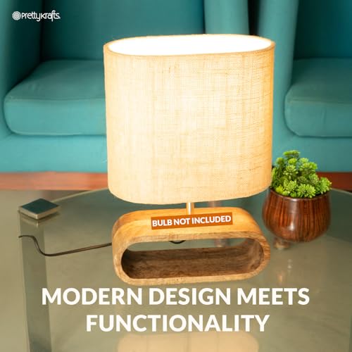 Image of PrettyKrafts Oval Shape Table Lamp (Bulb Not Included) | Natural Color | Size 32x15x40 cm | Wooden Base Decorative Bedside & Living Room Lamp | Modern Home Decor Lighting