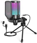 Fifine USB Microphone de jeu pour ordinateur PC PS5, RGB Mic de condenseur avec Mute rapide, contrôle de gain, trépied, filtre à pop, montage de choc, pour la commutation de discorde en continu YouTube Videos-A6V