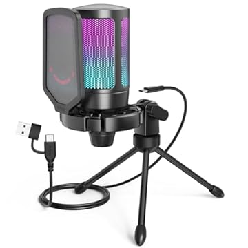 FIFINE Microfone USB Para Jogos Para PC PS5, Microfone Condensador Com Mudo Rápido, Indicador RGB, Suporte De Tripé, Pop Filter, Suporte De Choque, Controle De Ganho Para Twitch Podcasts - Ampligame