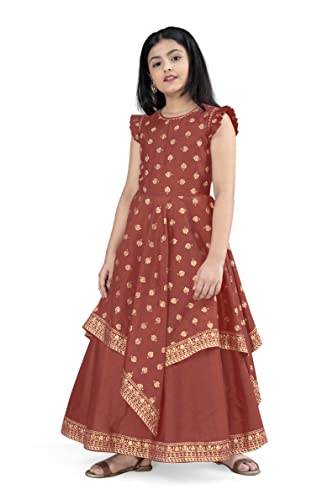 Image of Fashion Dream Girls Crepe Silk Maxi Length Foil Printed Dress|Maxi Dress|Long Dress|Printed Dress|Foil Printed Dress(Rust 13-14 Year)