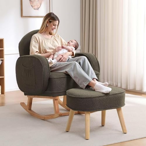 Image of HCHAIRH Rocking Chair with Ottoman, Teddy Glider Rocker with High Backrest and Side Pocket, Rocking Accent Armchair with Solid Wood Legs for Nursery /Living Room /Bedroom Green