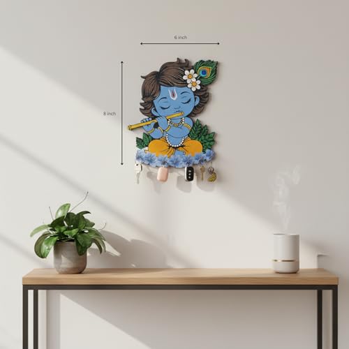 Image of JIVAY Baby Krishna Decorative Wall Mounted Key Holder for Home | Wooden Key Hanger with 7 Hooks | Designer Key Stand for Living Room, Entrance & Office | Home Decor Gift Item (Blue Krishna Key Holder)