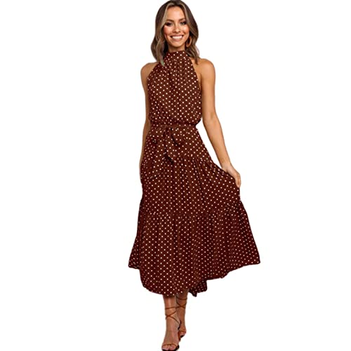 TOBILE Vestido largo de verano con lunares, vestido casual, negro, sin tirantes, amarillo, ropa de vacaciones para mujer, marrón, L