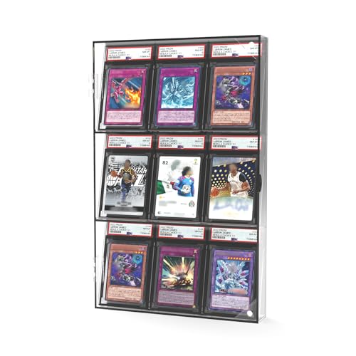 Tongmo Acrylic Card Display Case for 9 Graded Cards, Wall Mount Sports Card Display Frame with Magnetic Door, UV Protection Clear Baseball Football Basketball Card Holder (3-Tier 9-Card, Square)
