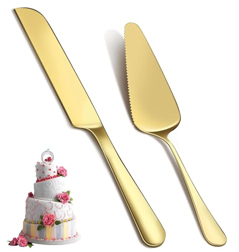 Wedding Cake Knife and Server Set 2 Pieces Stainless Steel Cake Cutting Set Cake Shovel and Cake Knife for Wedding, Christmas, Birthday(Gold)