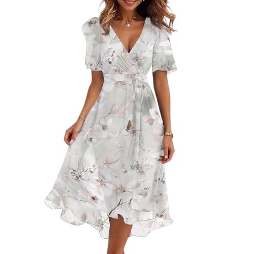 Niffouu Summer Chiffon Midi Dresses for Women Elegant Short Sleeve Classy Dresses for Wedding Guests V-Neck A-Line Swing Cocktail Dress with Belt Grey X-Large