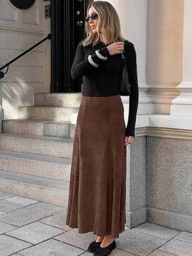 utcoco Womens Faux Suede Maxi Skirt Elegant High Waist A Line Midi Skirt for All Seasons2