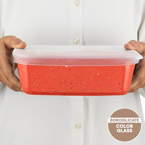 Image of Borosil 1.6 L Kube Pink Baking & Serving Dish with Lid | Borosilicate Glass Round Shape Bakeware and Serveware Casserole Dish Tray | Microwave, Oven & Dishwasher Safe Bowl