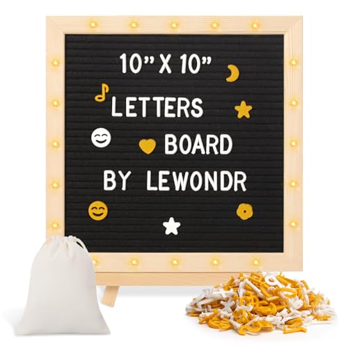 Lewondr Tablero de Fieltro, Cartel de Fieltro 25x25cm con 20 Luces LED, Tablero de Mensaje Cambiable con 340 Letras y Símbolos, Tablero de Anuncio Retro para Cumpleaños, Bodas, Fiestas, Negro