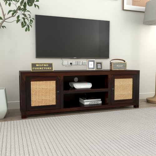 Image of Solid Sheesham Wood Entertainment TV Unit with 2 Door | Rosewood Tv Stand /TV Cabinet for Living Room | Bedroom | Wooden TV Panel with Shelf Stoarge | TV Table