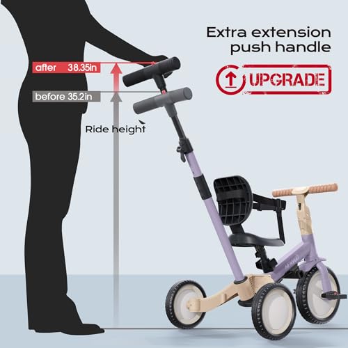 Image of newyoo Toddler Tricycle with Push Handle for 1-3 Year Old, Toddler Bike, Birthday Toy for Boys and Girls, 5 in 1 Kids Trike, Balance Bike with Backrest and Safety Belt, Purple, TR007