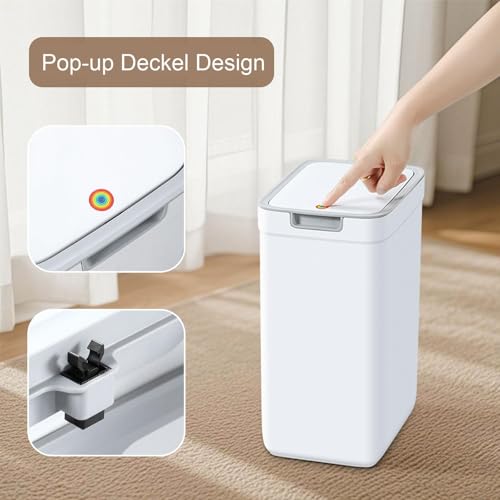 MOPUP Kleiner Badezimmer-Mülleimer mit Deckel, 9 l/2,4 Gallonen, schmaler Mülleimer, Papierkorb aus Kunststoff mit aufklappbarem Deckel, hundesicher für Badezimmer, Küche, Schlafzimmer, Wohnzimmer
