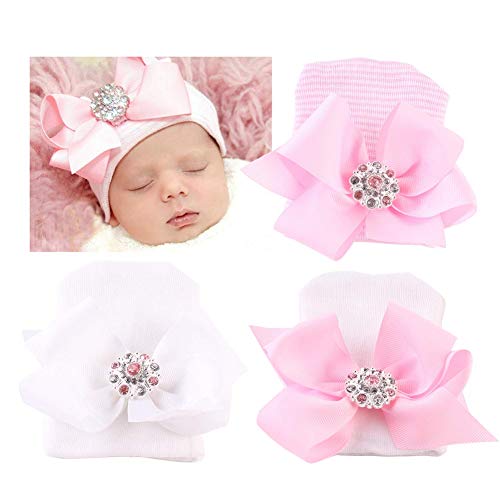 Aijian Newborn Hospital Hat Infant Baby Hat Cap with Big Bow Soft Cute Knot Nursery Beanie (3 Pack Bow Knit Rhinestone Ribbon/ 0-3 Month)