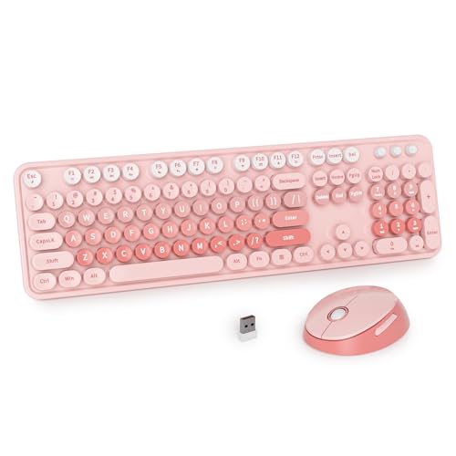 Teclado rosa inalámbrico y mouse de máquina de escribir con teclas redondas de colores