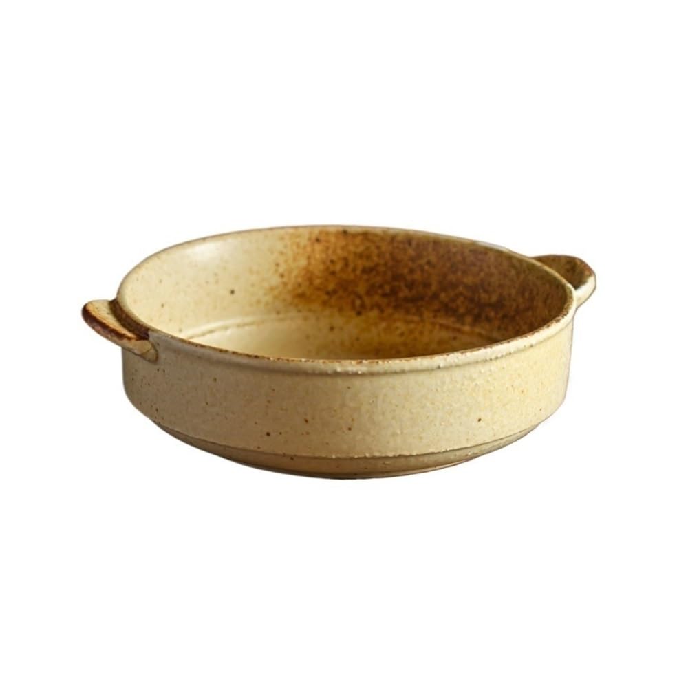 Plateau de cuisson en céramique brute artisanale jaune avec double anse design et ergonomique
