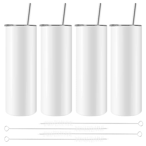Popshyly Tazza per sublimazione diritta e sottile da 20 once, Bicchiere con Cannuccia, in acciaio inossidabile, con coperchio, confezione da 4