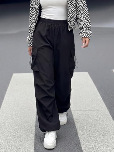 Image of GRECIILOOKS Women's Cargo Pants|Trousers |High Waist Cotton Trouser |Flared Parachute Pants with Side Pockets | Cargo Pant|Elegant for College & Events