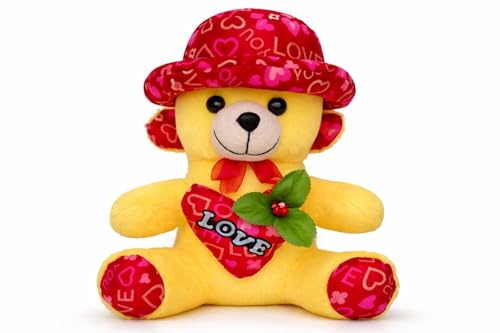 Image of Soft Teddy Bear with Heart & Hat - 20 cm Cute Plush Toy for Kids, Girls & Babies | Love Theme Stuffed Teddy Gift for Birthday, Valentine & Special Occasions (Yellow)