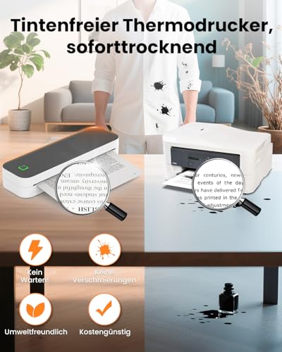 Ablemark Bluetooth Thermodrucker A4, Portable Mobiler Drucker A4 für Unterwegs, Inkless Printer Kompatibel mit Android & IOS und Laptop, Tragbarer Drucker für Zuhause, Büro, Tattoo Stencil