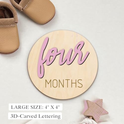 Image of Baby Monthly Milestone Markers Disc, Wooden 3D Milestone Cards for Photos, Baby Announcement Sign, 1-12 Months, wooden baby milestone sign (Pink)