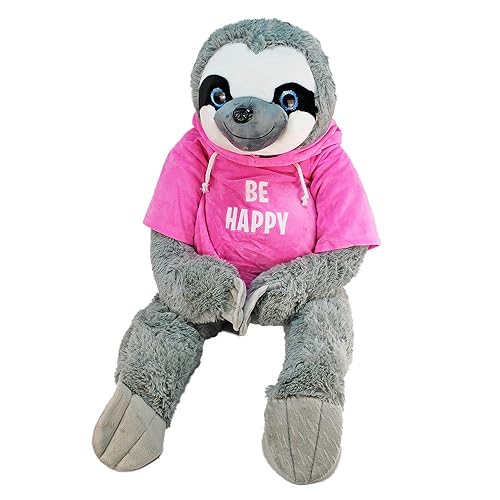 BEMIRO Riesen Faultier Kuscheltier - 100 cm Be Happy rosa, Kuscheltier mit Pulli, Kletthände zum anhängen, Plüschtier mit Hoodie