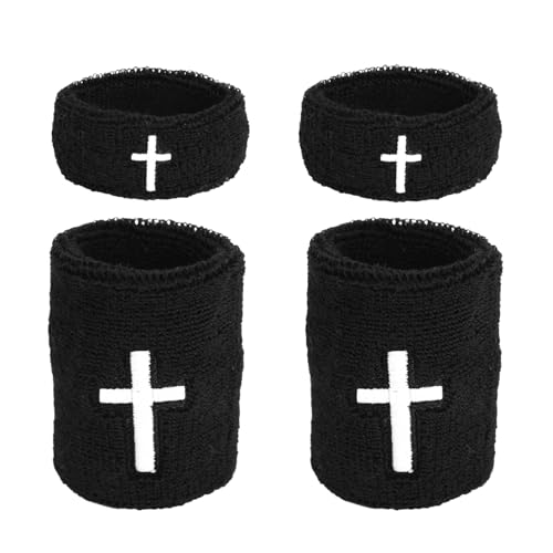 4pcs Cross Bicep Bands, Elastic Christian Arm Sweat Wristband Absorbent Armband for Men Women Football Baseball Sports Activities Supplies (Black)
