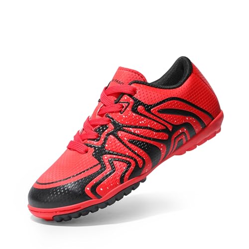 DREAM PAIRS Boys Girls Indoor Turf Soccer Cleats Lace Up Athletic Youth Futsal Football Shoes for Little/Big Kid 10 Toddler Red/Black/White