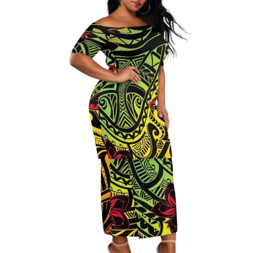 ENLACHIC Women Puletasi Samoan Traditional Dress Polynesian Tribal Print Off Shoulder Maxi Dress 2 Piece Outfit4