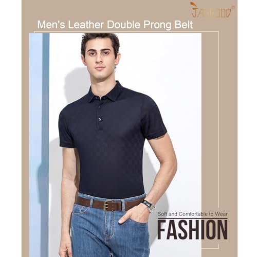Image of JASGOOD Men Double Prong PU Leather Belt Casual Work Heavy Duty Belt Double Grommet Holes Belt for Jeans