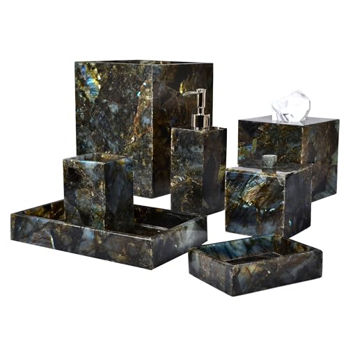 Juego de 7 piezas de baño de labradorita con aspecto lujoso epoxi labradorita decoración de baño y caja de basura de labradorita