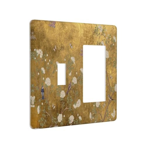 Decorative Outlet Covers Vintage White Flowers Birds on Golden Background 2 Gang Outlet Cover Wall Plate Single Toggle Rocker Light Switch Cover Plate Switch Plate Covers