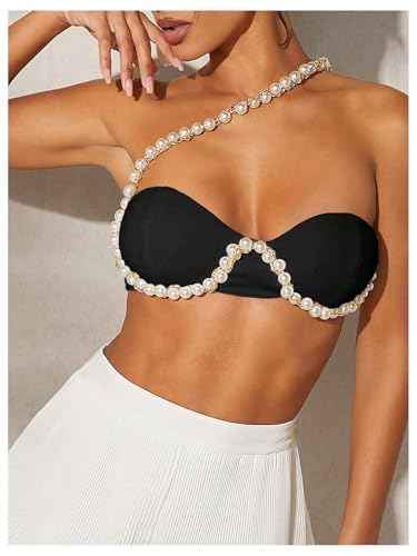 OYOANGLE Women's Pearl Beaded One Shoulder Cut Out Micro Crop Top Party Clubwear Sleeveless Tops2