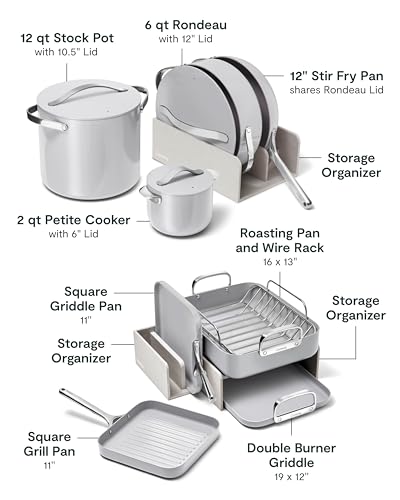 Image of Caraway 31-Piece Ceramic Cookware Bundle - Fry Pans, Saucepans, Saute Pan, Dutch Oven, Petite Cooker, Stir Fry, Rondeau, Stock Pot, Grill & Griddle Pans, Roasting Pan, Racks, Organizers - Gray