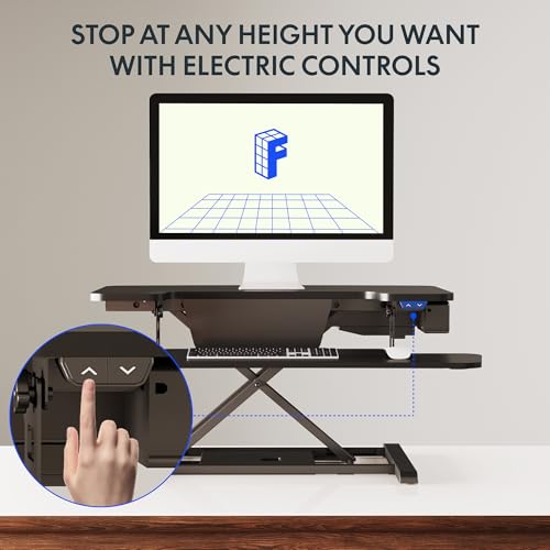 Image of FLEXISPOT 32 inch Motorized Standing Desk Converter, Electric Stand up Desk Riser, Sit to Stand Dual Monitor and Laptop Workstation with Wide Keyboard Tray, Black