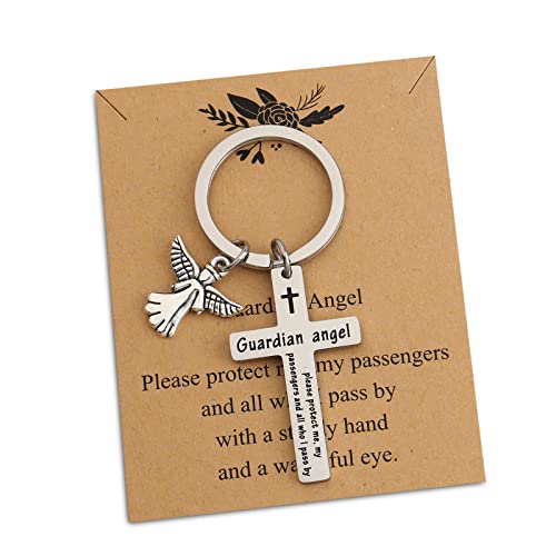 FEELMEM Drive Safe Traveling Jewelry Guardian Angel Prayer Cross Keychain Guardian Prayer Card Trip Travel Safely Gift For Drivers (Guardian angel-ky)