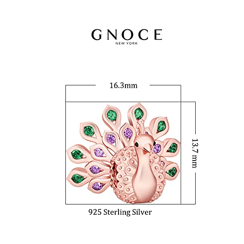 Gnoce "New Beginning And Eternal Life Rose Gold Plated Gorgeous Peafowl Charm With Emerald And Amethyst Stones 925 Sterling Silver Peacock Bead Charm Pendent Crystal Fit Snake Chain Bracelet Necklace #TOP6