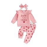 Summffie Toddler Baby Girl Valentines Outfit Heart Letter Print Long Sleeve Ruffle Sweatshirt Pants Set Cute Spring Clothes (Daddy is my Valentine Pink, 2-3T)