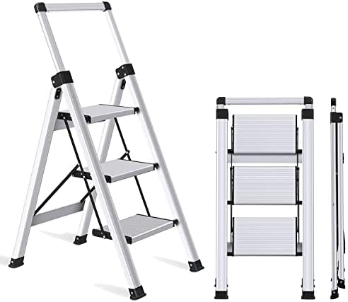 XinSunho Step Ladder 3 Step Stool, Retractable Handgrip Aluminum Ladders 3 Tread, Folding Steps Anti-Slip 330lbs Capacity Safety Household Ladder