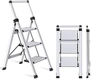 XinSunho Step Ladder 3 Step Stool, Retractable Handgrip Aluminum Ladders 3 Tread, Folding Steps Anti-Slip 330lbs Capacity Safety Household Ladder