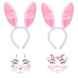 Konsait Bunny Ears Headband with Bunny Face Stickers Tattoos, Easter Bunny Ear Headband Rabbit Temporary Makeup Face Tattoos Rabbit Costume Accessories for Women Girls